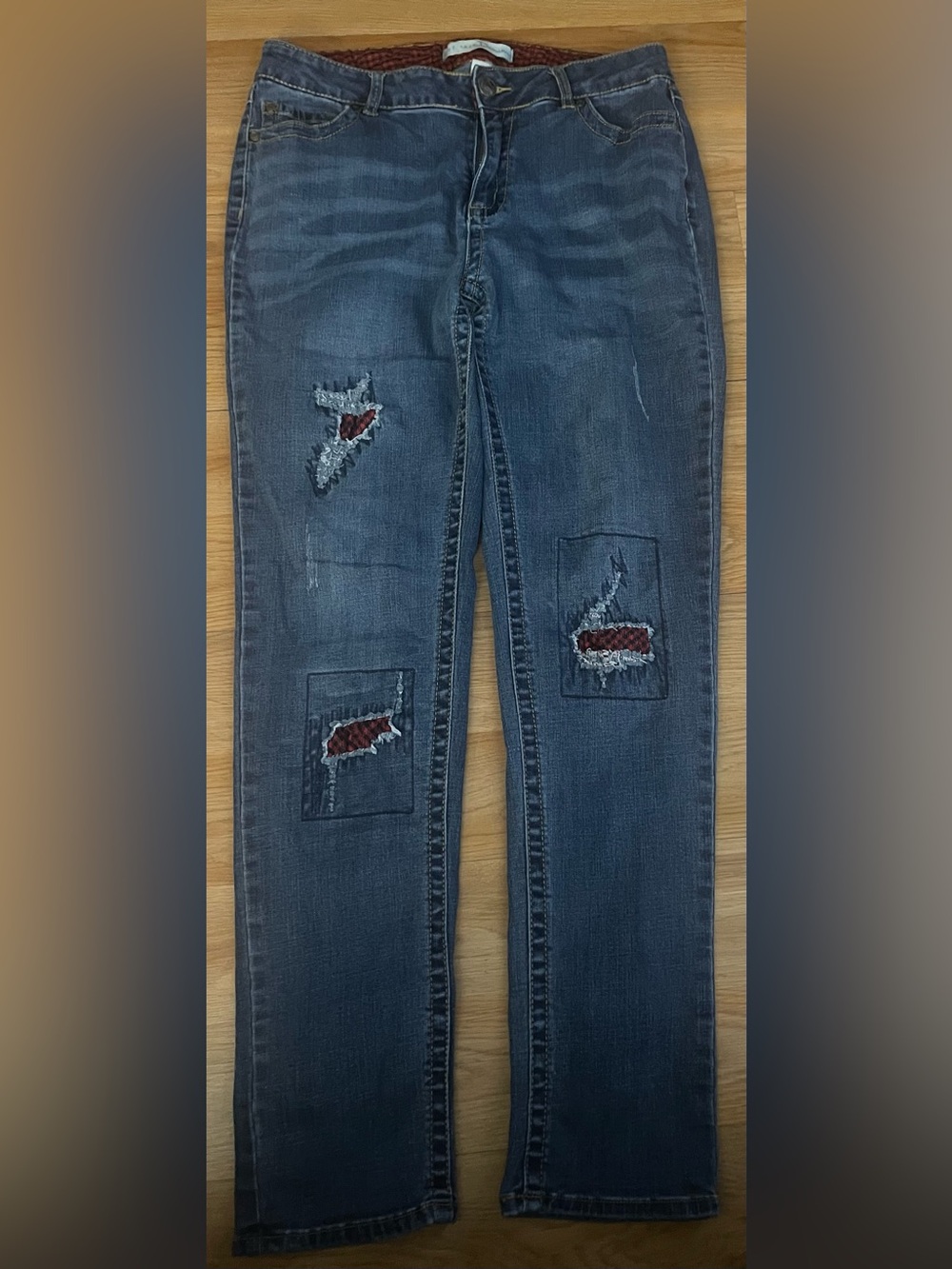 Dark Blue Mid Rise Women's Distressed Patch Jeans with Red Accent Size 12